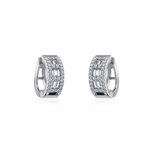 10K White Gold Womens Round Baguette Diamond Small Huggies Earrings 7/8 Cttw