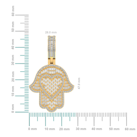 10K Yellow Gold Round Baguette Diamond Heart Hamza Hand Religious Charm Pendant 1-3/4 Cttw
