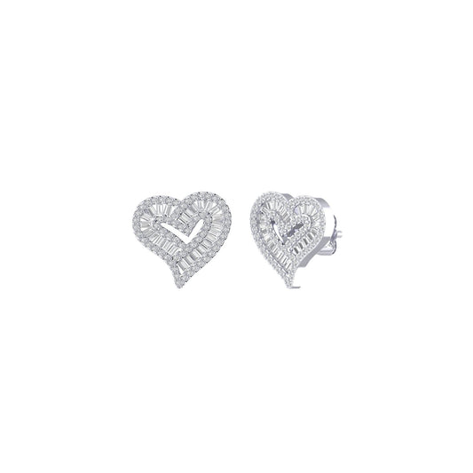 Sterling Silver Round Baguette Diamond Heart Stud Earring 1/2 Cttw