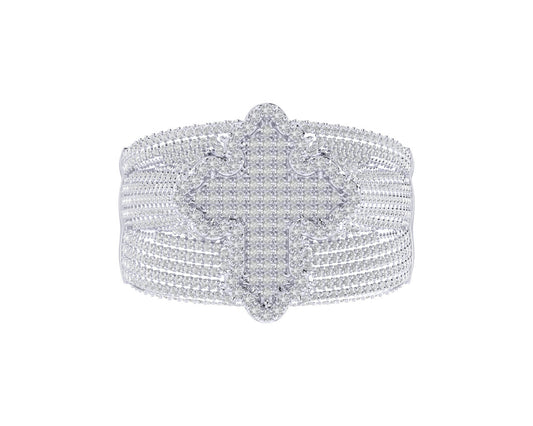 Sterling Silver Round Diamond Cross Religious SZ 10 Mens Ring 1-5/8 Cttw