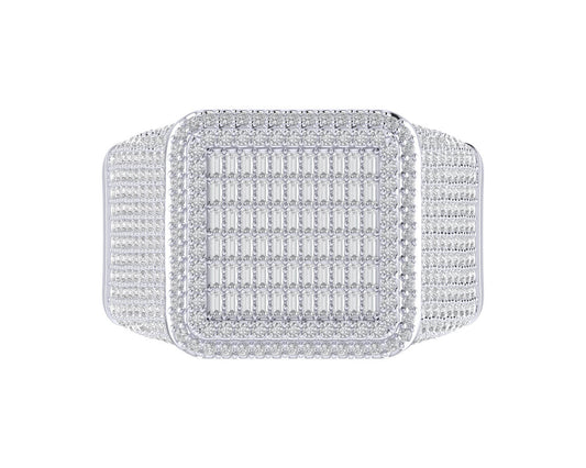 S.Silver Round Baguette Diamond SZ 10 Mens Designer Ring 1-5/8 Cttw