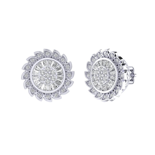 Sterling Silver Round Baguette Diamond Flower Designer Stud Earring RP 3/8 Cttw