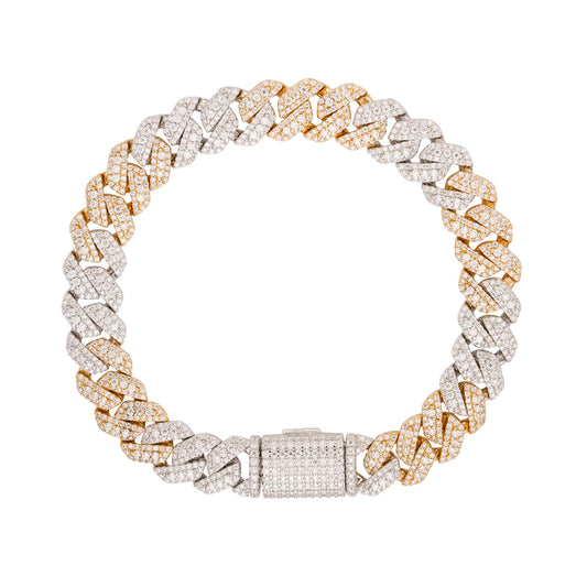 Sterling Silver Round Big Stone in Center Surrounded with Small Stones 10mm Moissanite Cuban Chain 8 Inch Bracelet RP+GP 6-7/8 Cttw