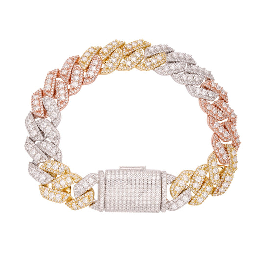 Sterling Silver Round Big Stone in Center Surrounded with Small Stones 14mm Moissanite Cuban Chain 8Inch Bracelet RP+GP+PP 12-3/4 Cttw