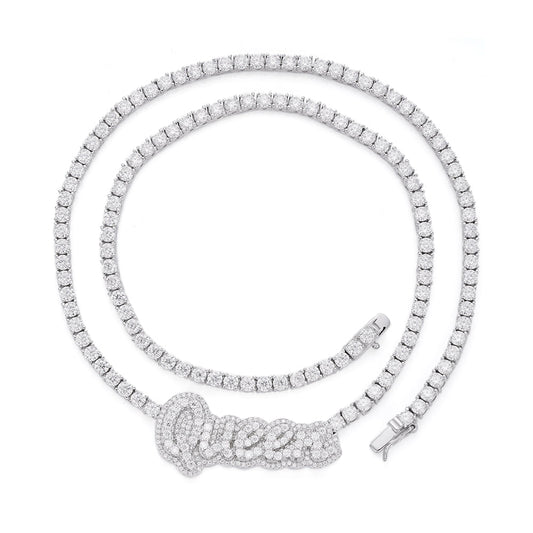 Sterling Silver Round Moissanite Queen Word Designer 18 Inch Necklace RP 15-5/8 Cttw
