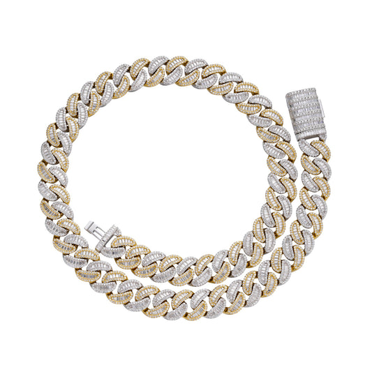 Sterling Silver Round 15mm Moissanite Round and Baguette in Centre Cuban 22 Inch Necklace RP+GP 40-1/5 Cttw