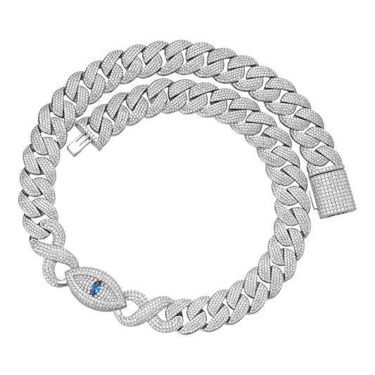 Sterling Silver Round Moissanite 18mm Inifinity Cuban With Evil Eye Designer 22 Inch Mens Necklace RP 35-3/4 Cttw