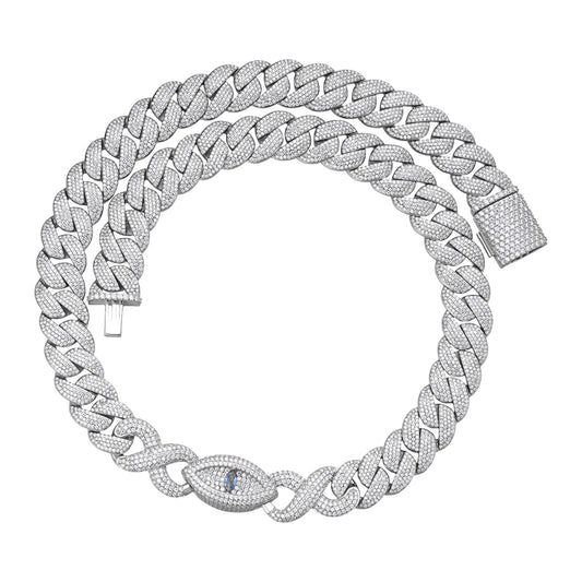 Sterling Silver Round Moissanite 15mm Inifinity Cuban With Evil Eye Designer 22 Inch Mens Necklace RP 27-1/8 Cttw