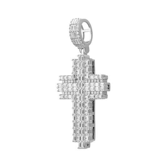 Sterling Silver 30mm Round Baguette Moissanite Cross Religious Pendant RP 2-3/4 Cttw