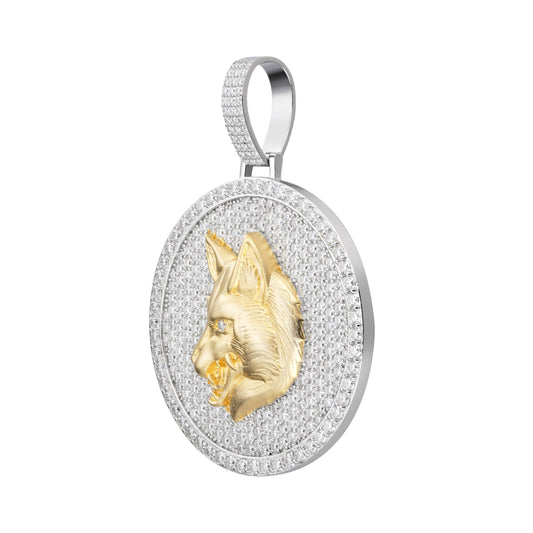 Sterling Silver Round Moissanite Wolf Animal Pendant RP+GP 10-7/8 Cttw