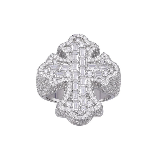 Sterling Silver Round Moissanite With White CZ Mens Cross Religious SZ 10 Ring RP 2-5/8 Cttw