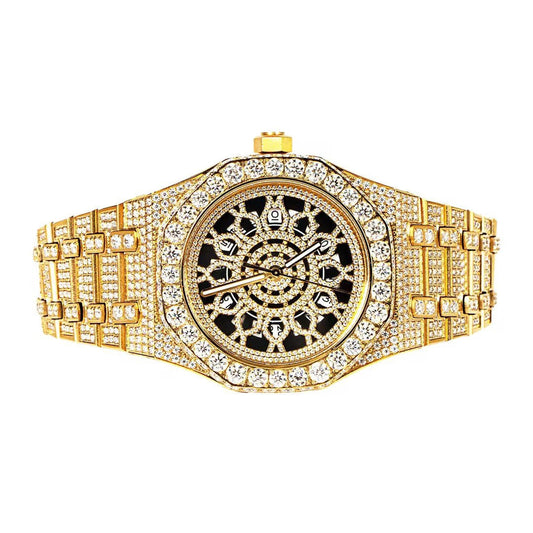 Moissanite Stainless Steel Skeleton Dial Yellow Band Mens Watch