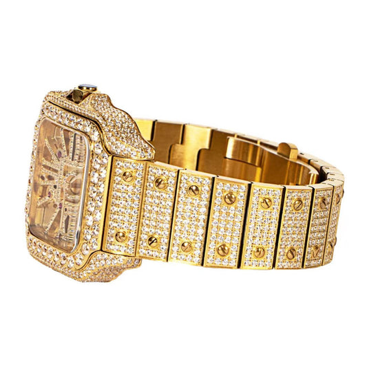 Stainless Steel CZ Yellow Tone Mens Automatic Watch