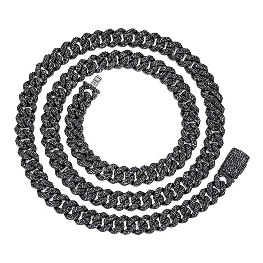 Sterling Silver 8mm Round Black Moissanite Miami Cuban Chain 22 Inch Mens Necklace BP+BP 13-3/4 Cttw