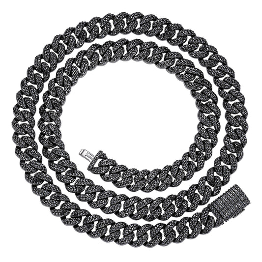 Sterling Silver 10mm Round Black Moissanite Miami Cuban Chain 22 Inch Mens Necklace BP+BP 13-5/8 Cttw