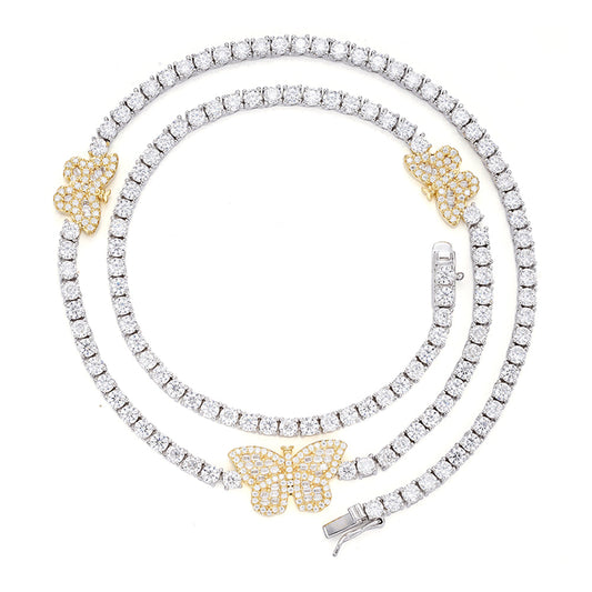 Sterling Silver Round Baguette Moissanite Butterfly Designer 18 Inch Necklace RP+GP 1-5/8 Cttw