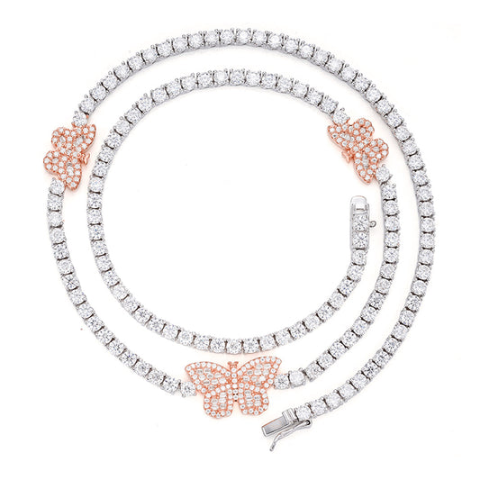 Sterling Silver Round Baguette Moissanite Butterfly Designer 18 Inch Necklace RP+PP 1-5/8 Cttw