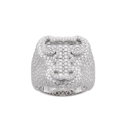 Sterling Silver Round Baugette Moissanite Albhabet T letter Initial SZ 10 Mens Ring RP 6-3/4 Cttw