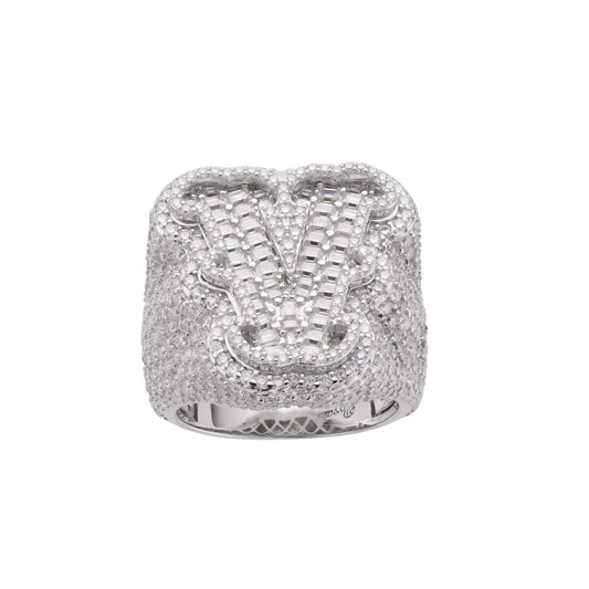 Sterling Silver Round Baugette Moissanite Albhabet V letter Initial SZ 10 Mens Ring RP 7-1/2 Cttw