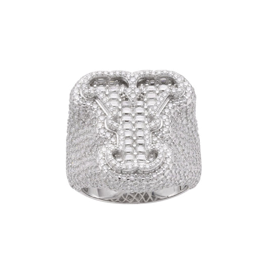 Sterling Silver Round Baugette Moissanite Albhabet Y letter Initial SZ 10 Mens Ring RP 6-7/8 Cttw