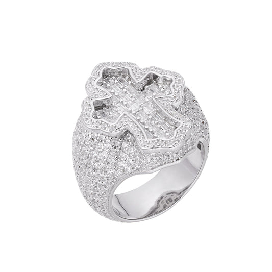 Sterling Silver Round Baguette Moissanite Cross Religious Sz 10 Mens Ring RP 7 Cttw