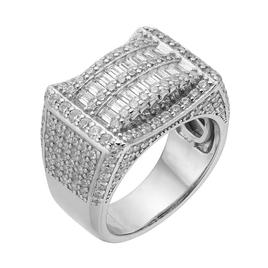 Sterling Silver Round Baguette Moissanite SZ 10 Designer Mens Ring RP 3-1/3 Cttw
