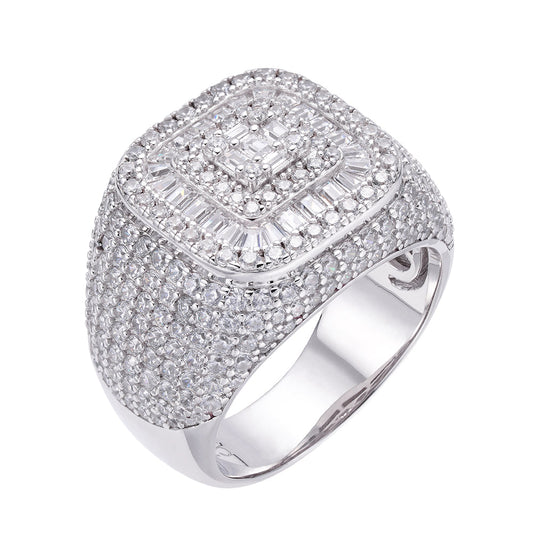 Sterling Silver Round Baguette Moissanite SZ 10 Designer Mens Ring RP 4-3/8 Cttw