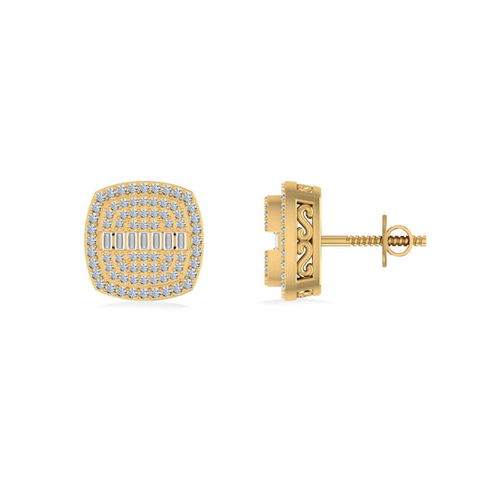 10K Yellow Gold Round Baguette Diamond Square Shape Designer Mens Stud Earring 1/3 Cttw
