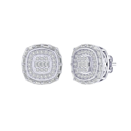 Sterling Silver Round Baguette Diamond Square Shape Designer Stud Earring RP 3/8 Cttw