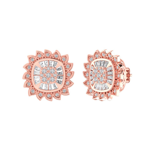 Sterling Silver Round Baguette Diamond Square Flower Designer Stud Earring RP+PP 3/8 Cttw
