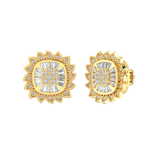 Sterling Silver Round Baguette Diamond Square Flower Designer Stud Earring RP+GP 1/3 Cttw