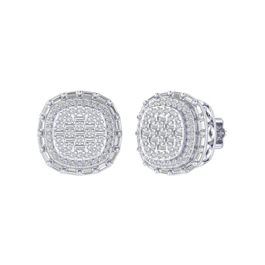 Sterling Silver Round Baguette Diamond Square Designer Stud Earring RP 5/8 Cttw