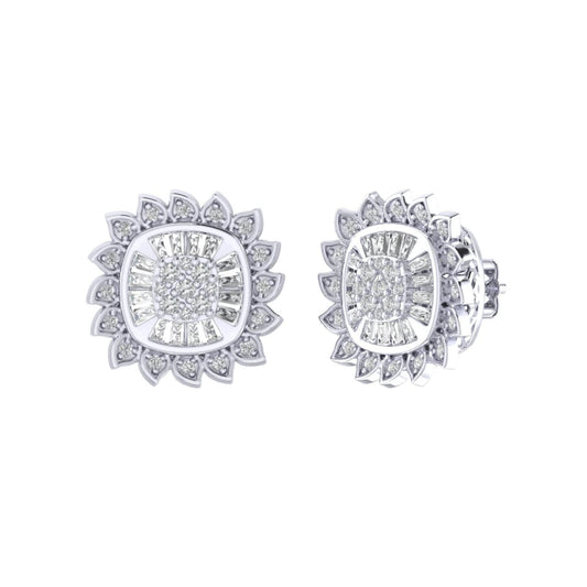 Sterling Silver Round Baguette Diamond Flower Designer Stud Earring RP+GP 3/8 Cttw