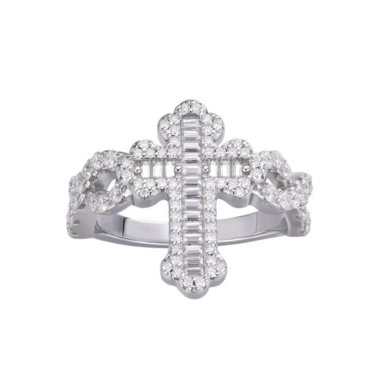 Sterling Silver Round Baguette Moissanite Cross Religious SZ 9 Ring RP 1-5/8 Cttw