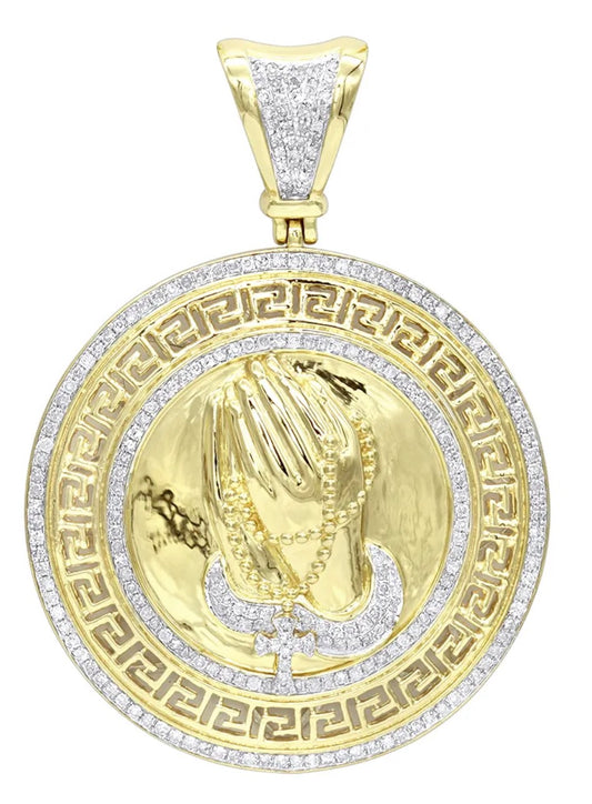 Men's 10K Gold Diamond Praying Hands Pendant | Round Medallion | 1.05ct